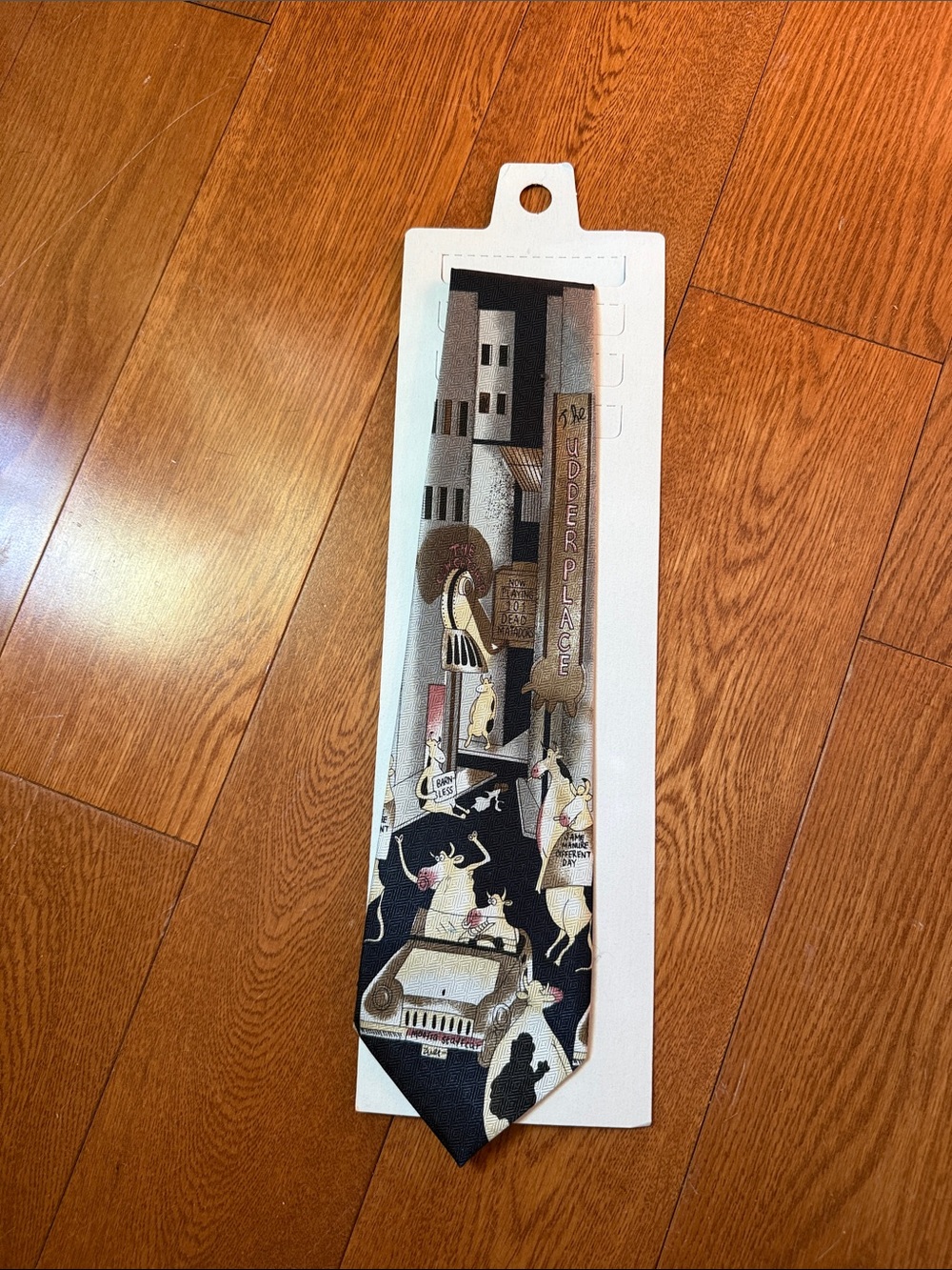Novelty Cityscape Necktie with Cow Characters - Black & Beige